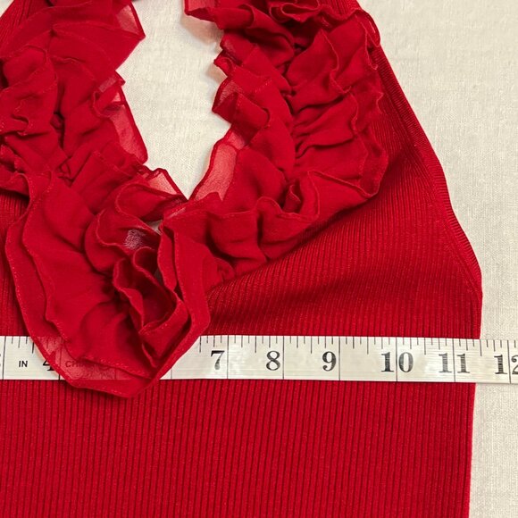 Cache Silk Blend Halter Top Women’s Small – Red Ruffle Chiffon Trim Ribbed Knit - Picture 6 of 7